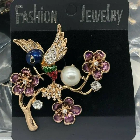 Hummingbird on Branch Pin Purple Enamel Flowers Crystal Pave Gold Plate NWT M393 - Picture 5 of 5